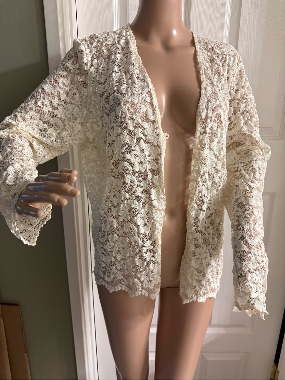 Vintage Lace Cardigan Top Ivory Size L Romantic Feminine Sheer Boho Cottagecore